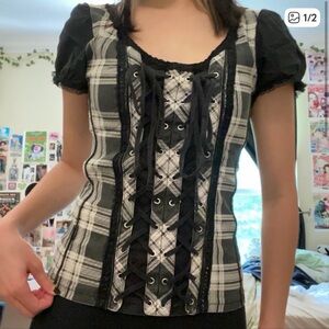 Rare Y2K Tripp NYC Hot Topic Bo Peep Plaid Lace-Up Women's Corset Top - B&W